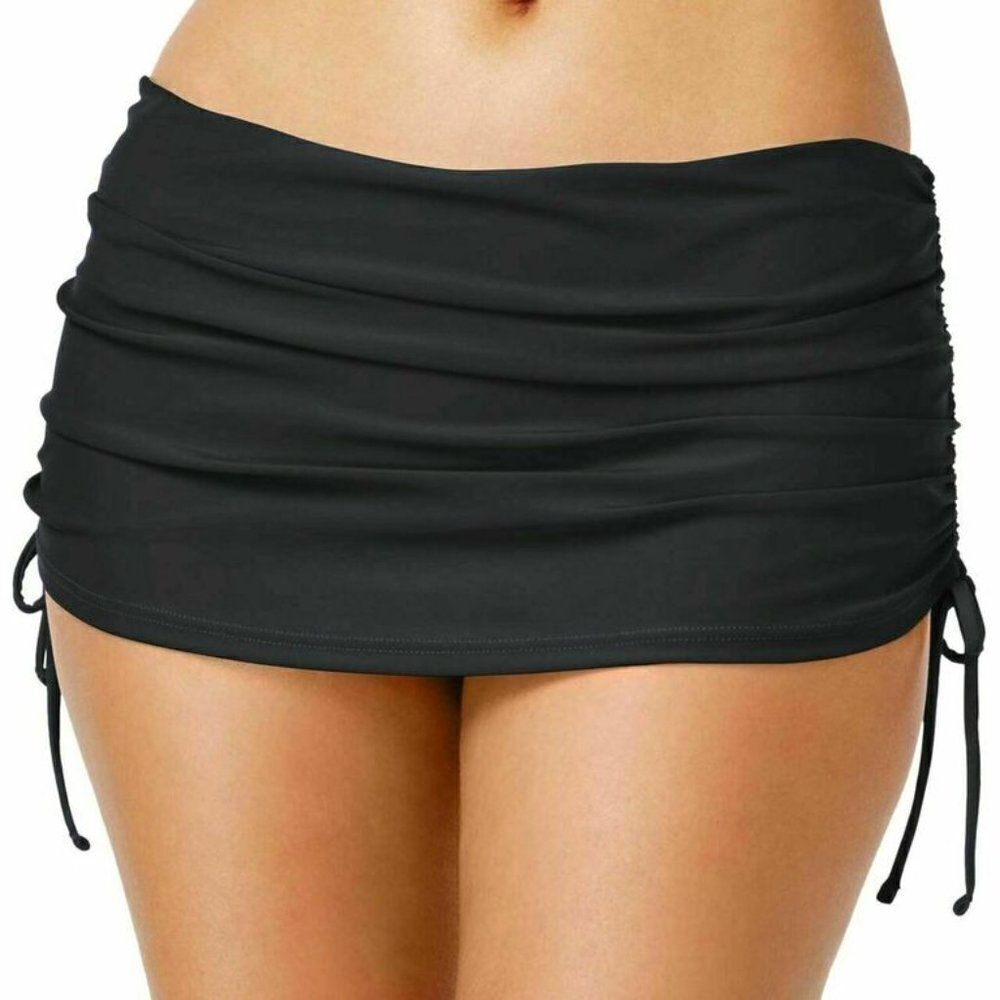 Island Escape Women's Solid Black Side Tie Skirted Swimsuit Bottoms Size Large